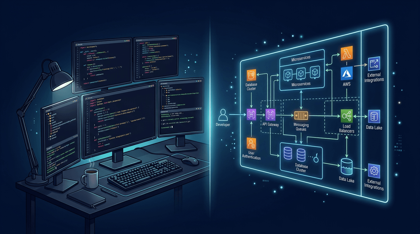 Comparison showing a tangled web of code on one side and clean system architecture on the other — illustrating the difference between building without and with an architect