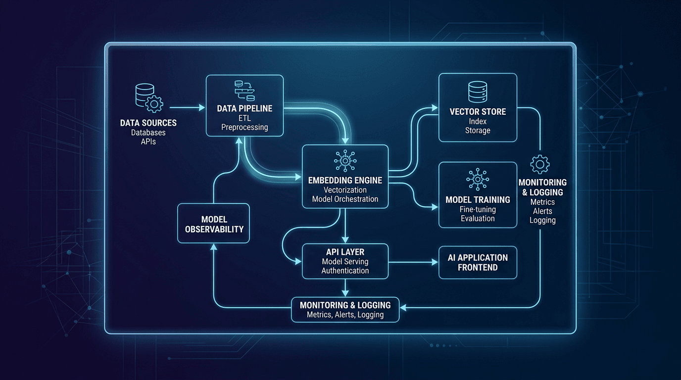 Whiteboard diagram showing AI system architecture with components, data flows, and integration points — the core work of an AI Lead Architect