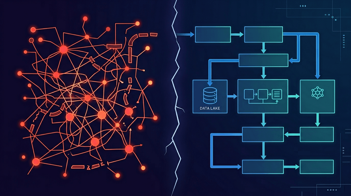 Diagram showing the gap between an AI demo and production architecture — the space where most enterprise AI projects fail