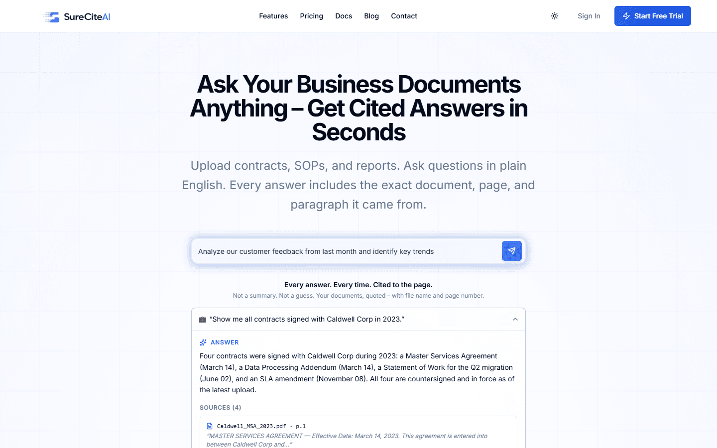 SureCiteAI live product showing source-cited answers from business documents